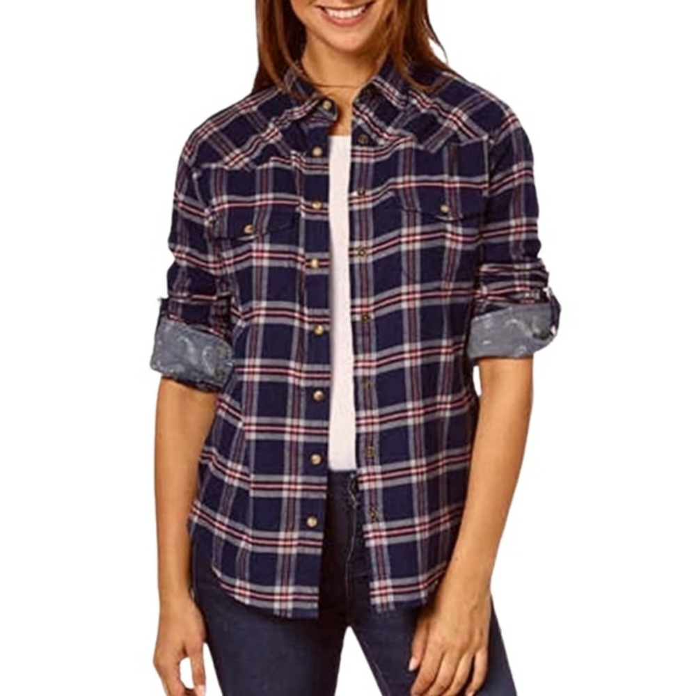 Jachs Girlfriend Bea Plaid Flannel Snap Button Down Blouse Shirt sz L